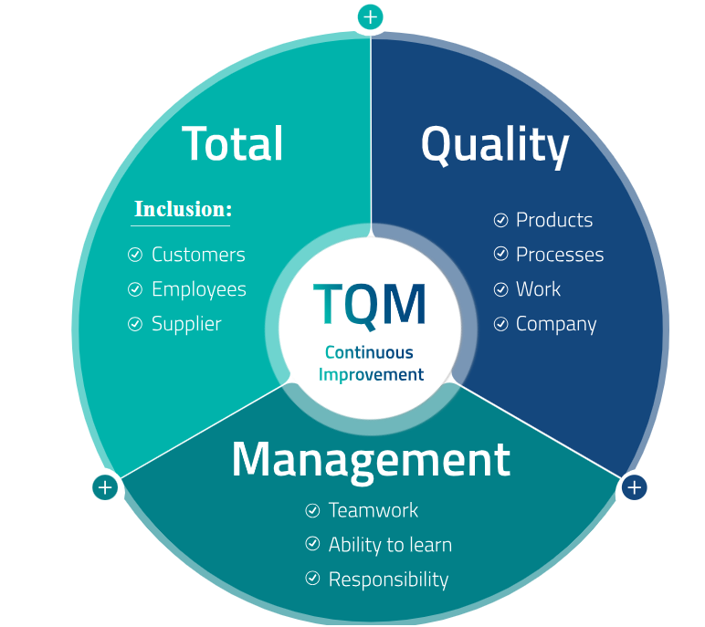 Infográfico sobre os pilares fundamentais do TQM (Total Quality Management).