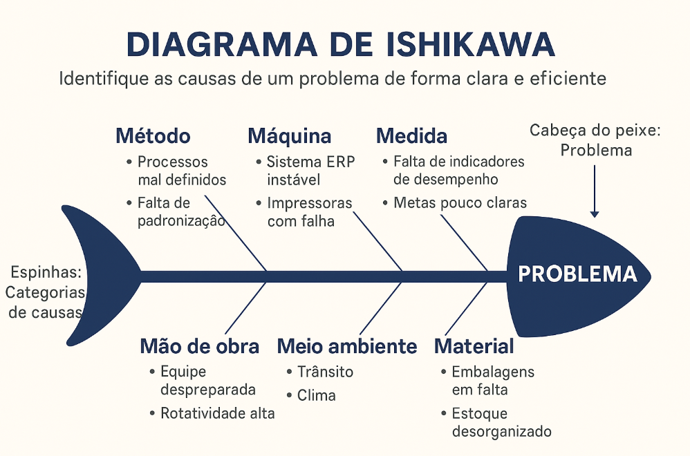 Diagrama de Ishikawa, espinha de peixe, para análise de causa e efeito